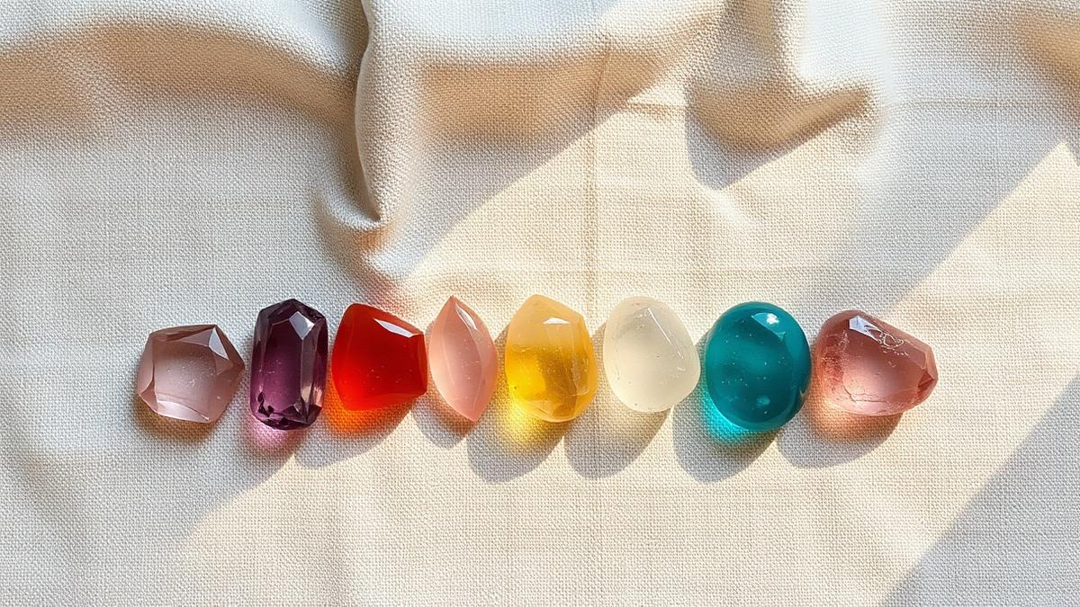 Seven coloured chakra stones arranged in a row on cream linen in soft daylight
