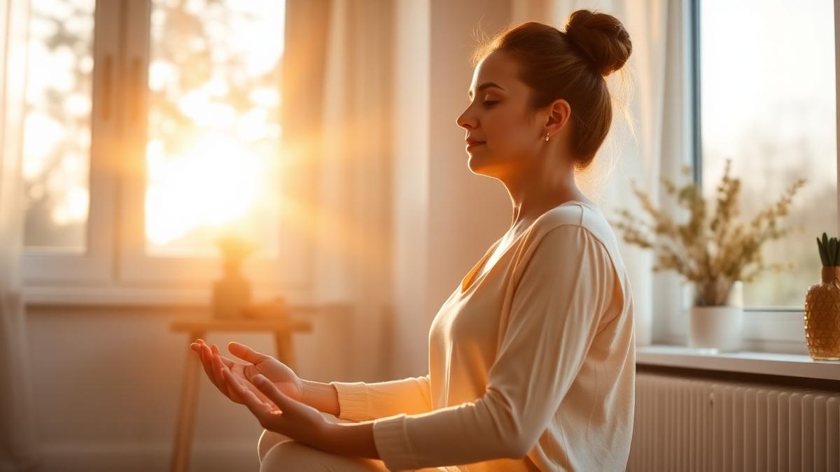 Woman sitting calmly in morning light with open palms during an energy healing practice