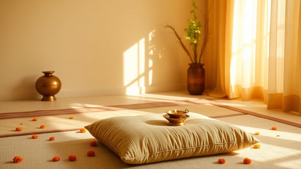 Calm reiki room in India with a floor cushion, brass lamp and marigold flowers in warm daylight