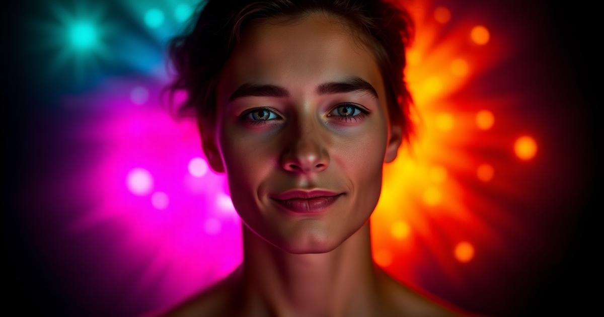 A calm portrait surrounded by glowing teal, magenta and gold light in the style of aura photography