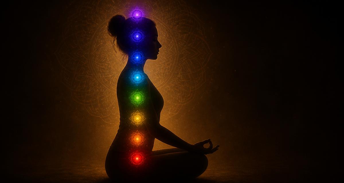 A seated meditating figure in profile with seven glowing coloured light points along the spine