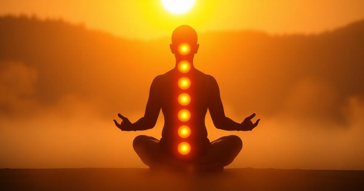 A person seated in meditation at sunrise with seven glowing light points along the spine