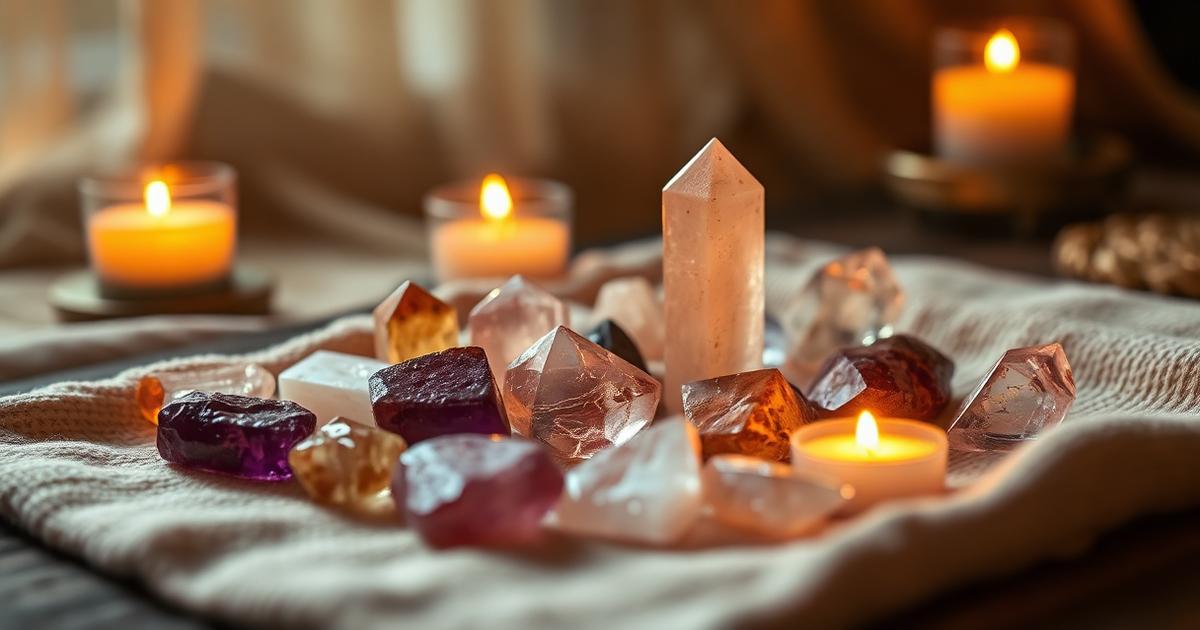 A collection of amethyst, rose quartz and clear quartz crystals on cloth beside candles