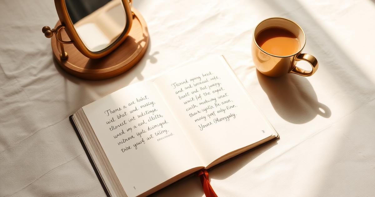 An open journal with handwriting, a small mirror and a cup of chai on cream linen in morning light