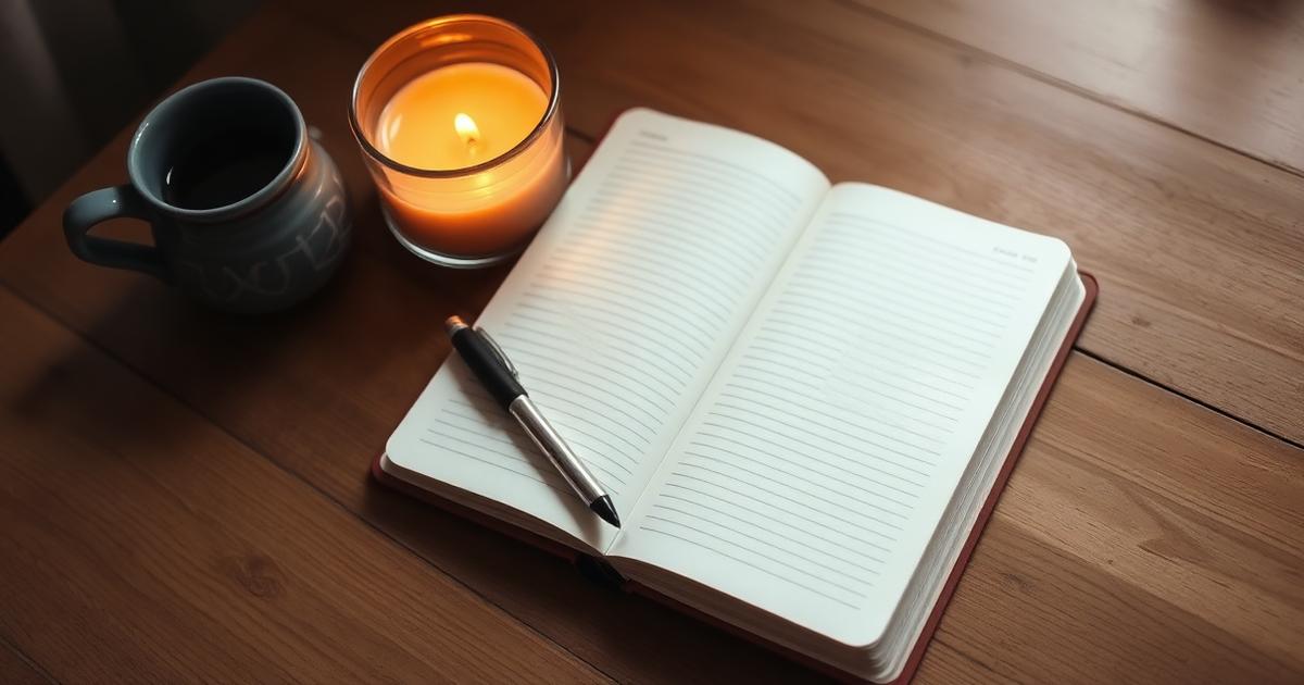 An open lined notebook with a pen beside a lit candle and cup of tea on a wooden table