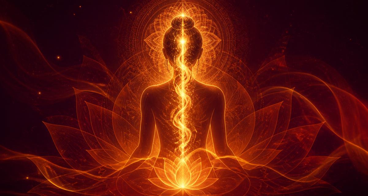 Illustration of golden energy rising along a seated figure's spine within a lotus