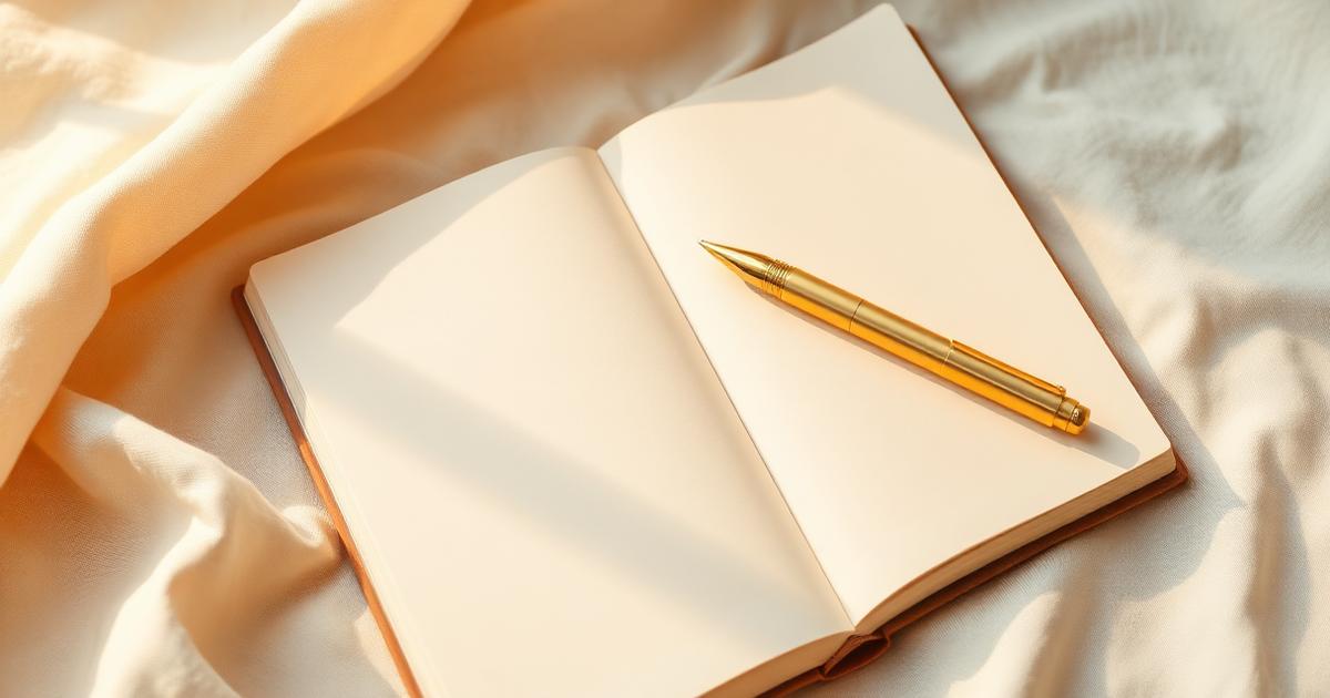 An open journal with a gold pen resting on cream linen in warm morning light
