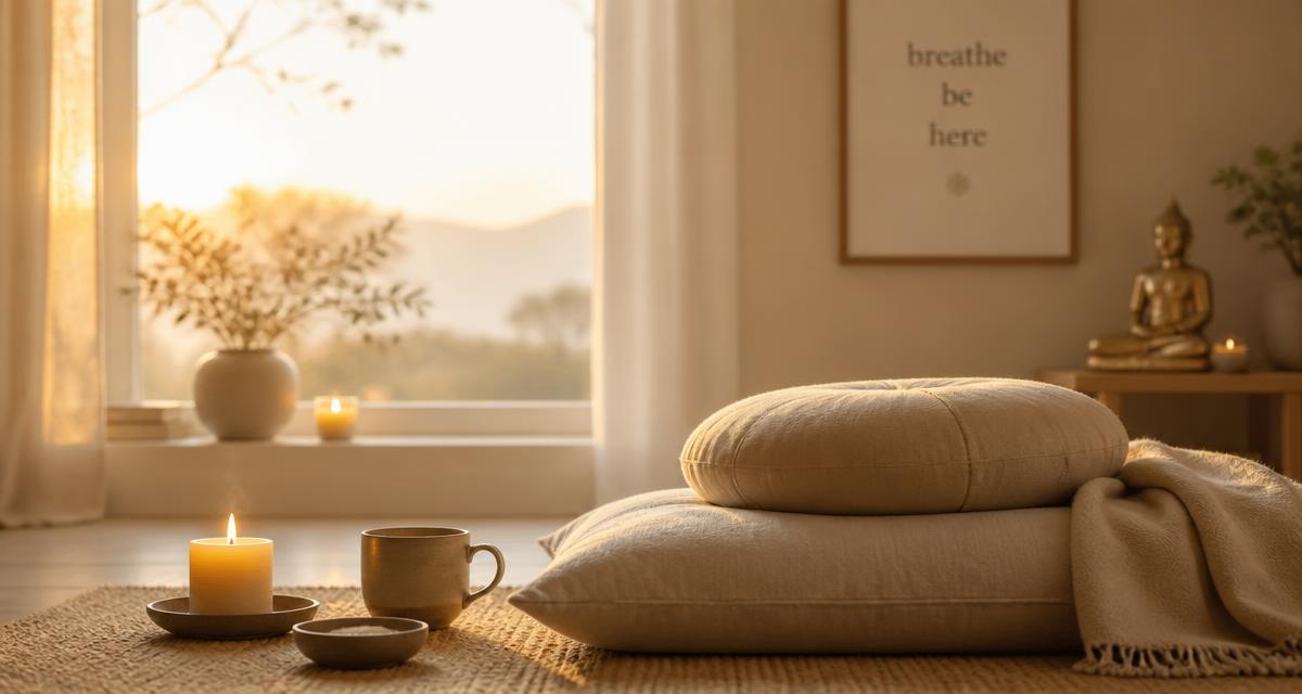 A simple meditation cushion beside a window with morning light, a candle and a cup of tea