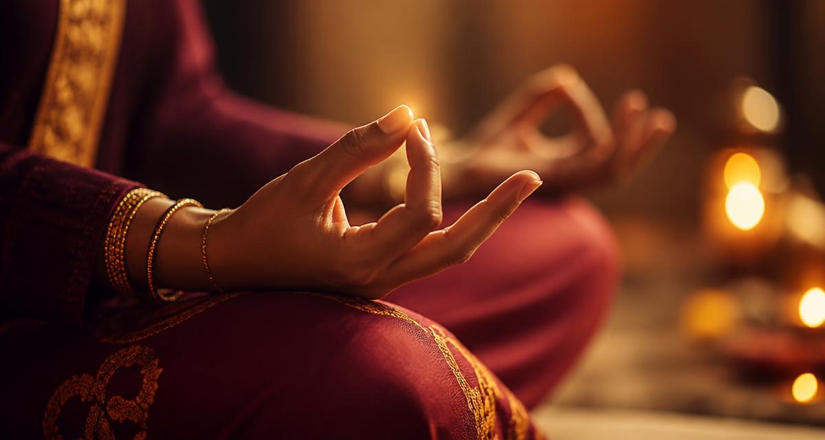 Hands resting on the knees in a mudra with fingertips touching, lit by warm golden light