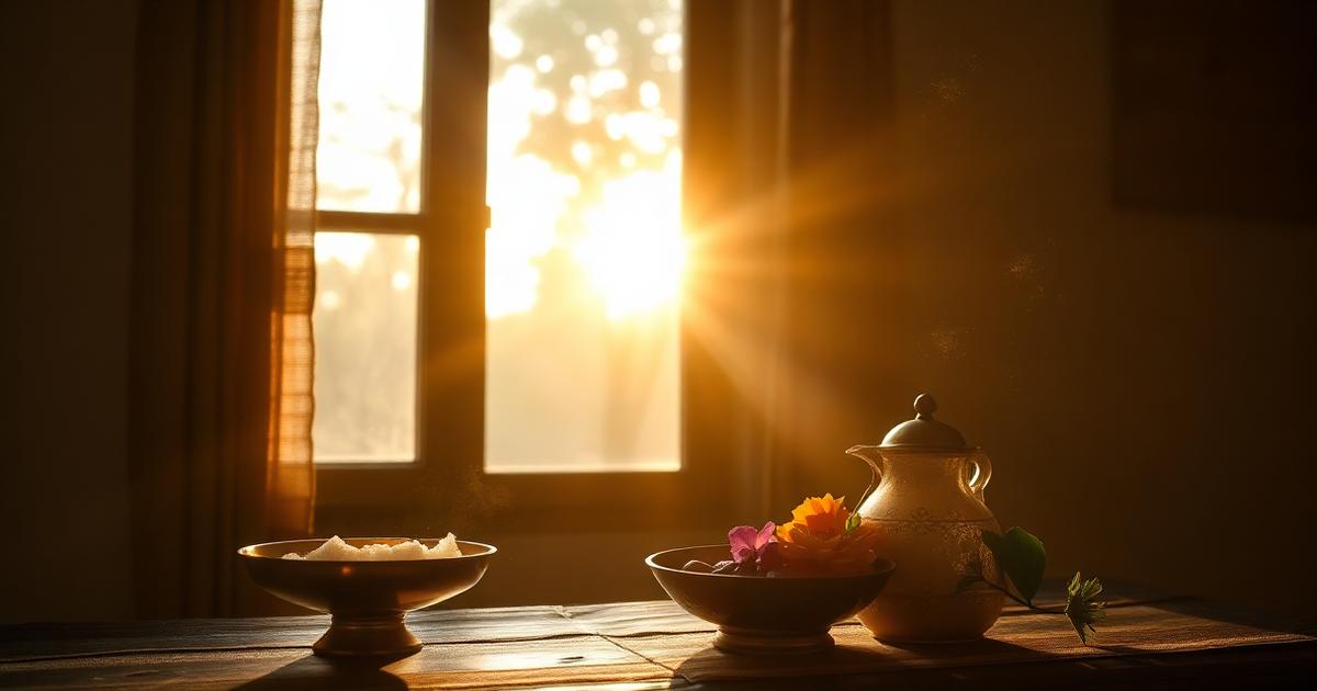 Morning sunlight streaming through a window onto a bowl of rock salt and fresh flowers in an Indian home