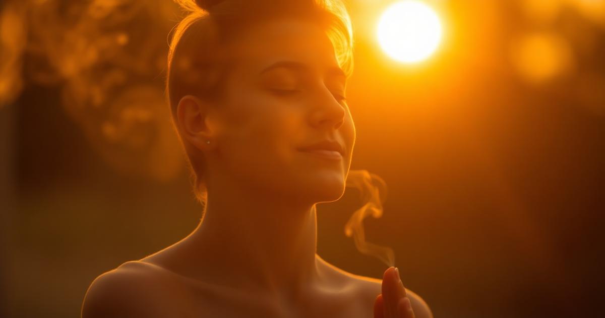A person chanting with closed eyes, bathed in warm golden sunrise light
