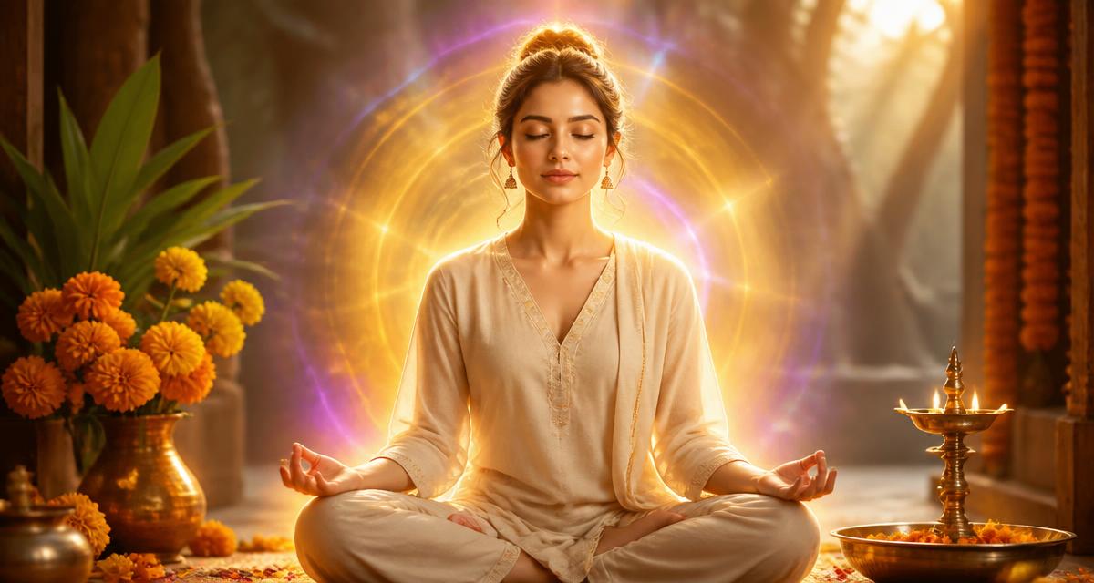 A woman sitting in quiet meditation with a soft golden and violet aura of light around her