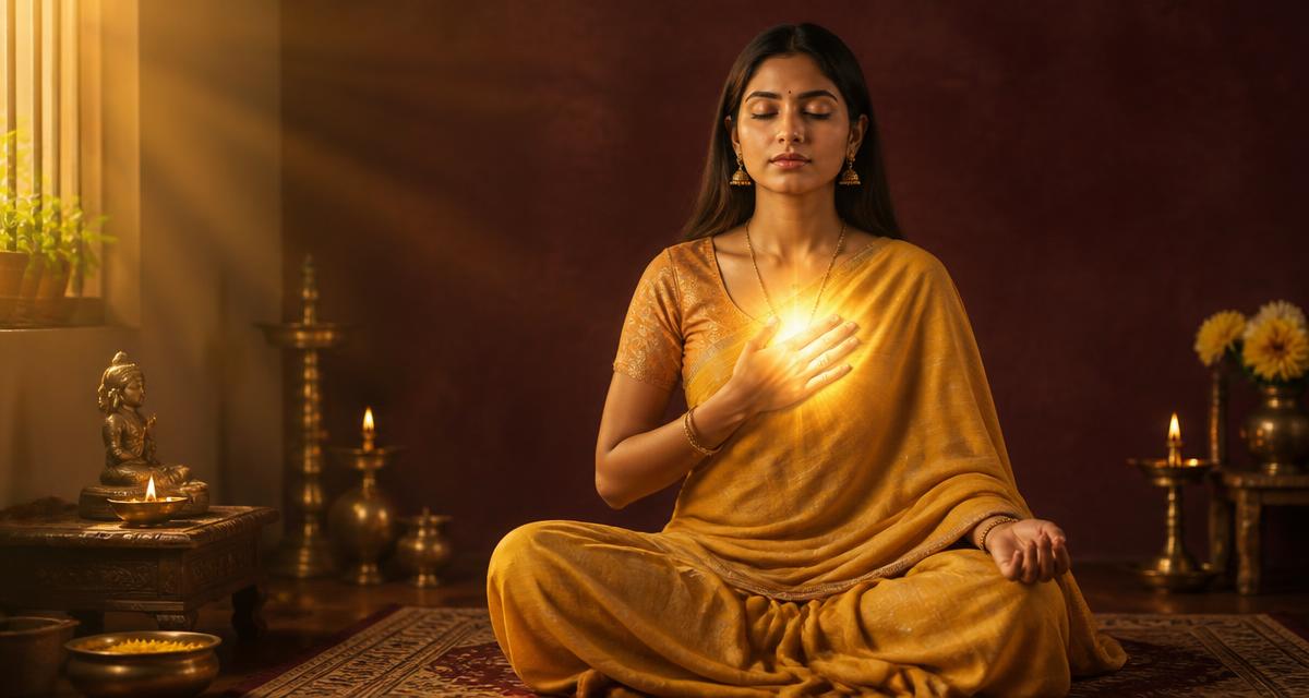 A woman seated cross-legged practising pranayama with a glow of light at her chest