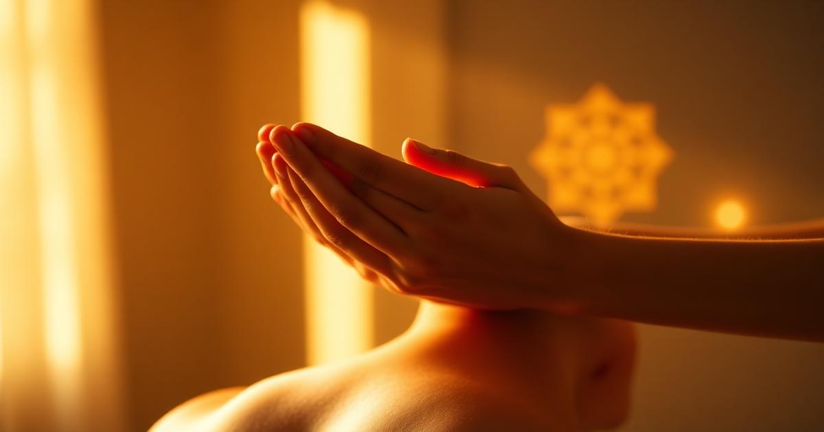 A practitioner's hands held just above a person's back during a reiki session in warm golden light