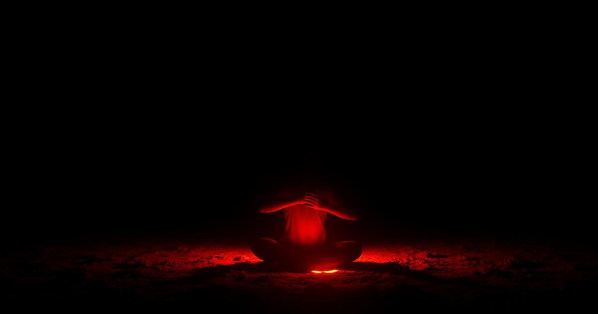 A seated silhouette with deep red light glowing at the base of the spine
