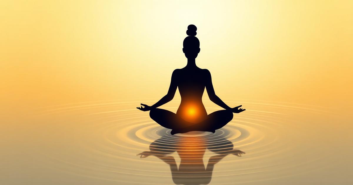A seated silhouette with warm orange light glowing below the navel above still water