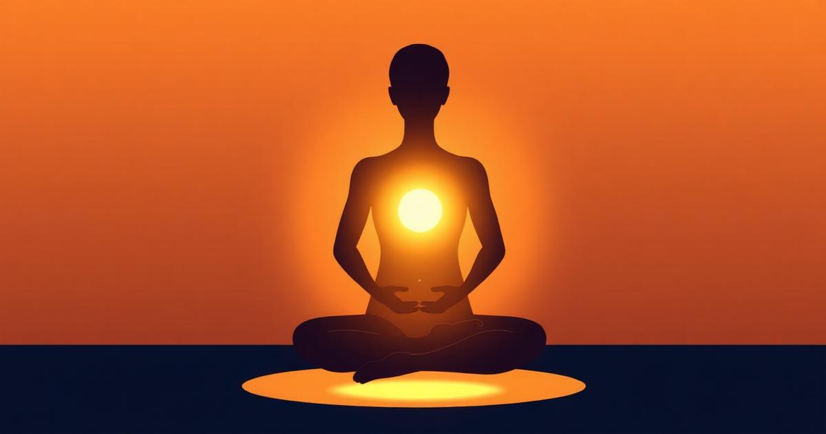 A seated silhouette with a bright golden sphere of light at the upper stomach