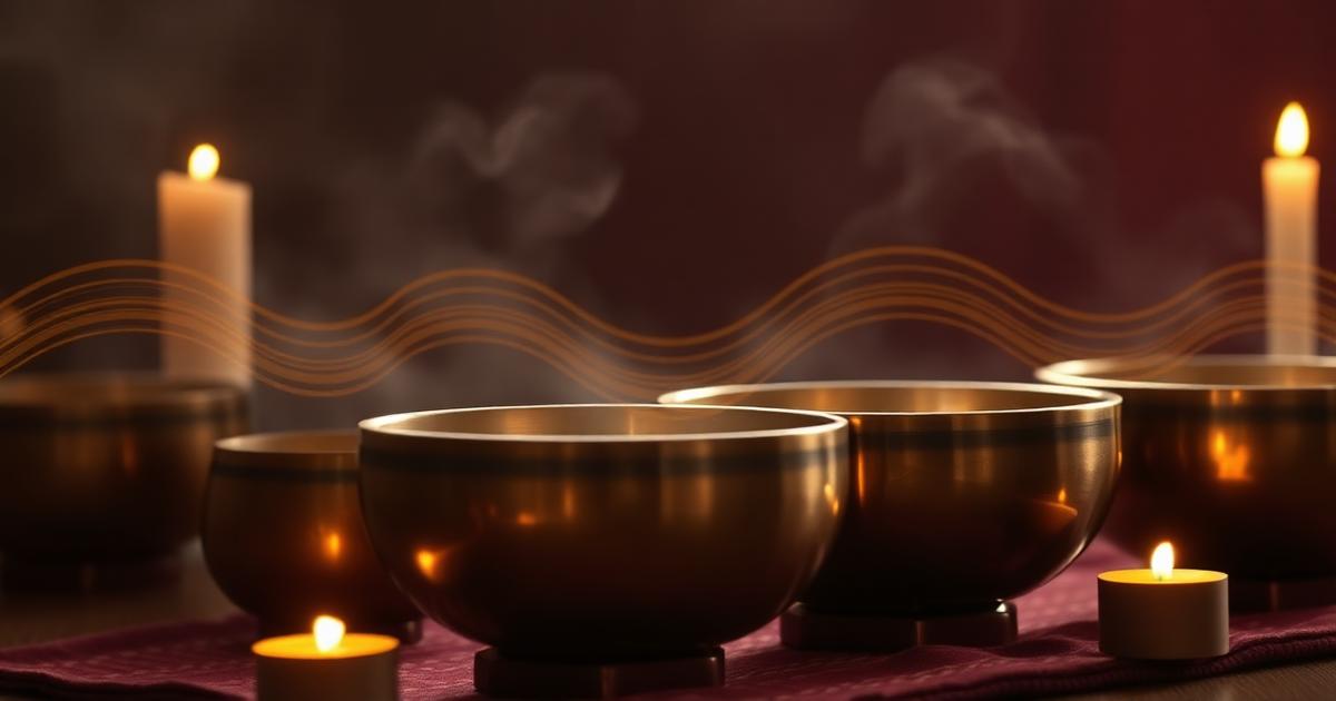 Brass singing bowls on a maroon cloth with candles and visible golden sound waves
